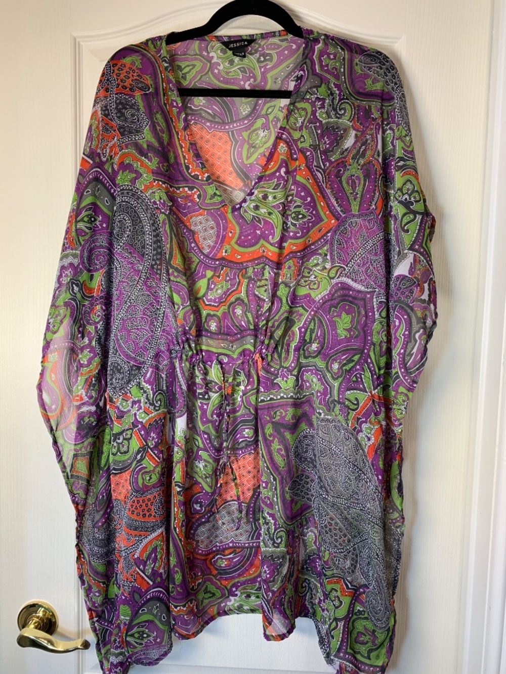 Jessica Paisley Beach Cover Up‎ Kaftan Tunic Sheer Purple Green Boho M-L  Resort